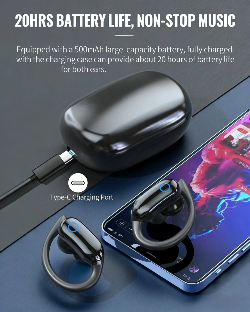 IPX7 Waterproof TWS Sports Bluetooth Earphones, High Fidelity Stereo, Ear-Hook Design