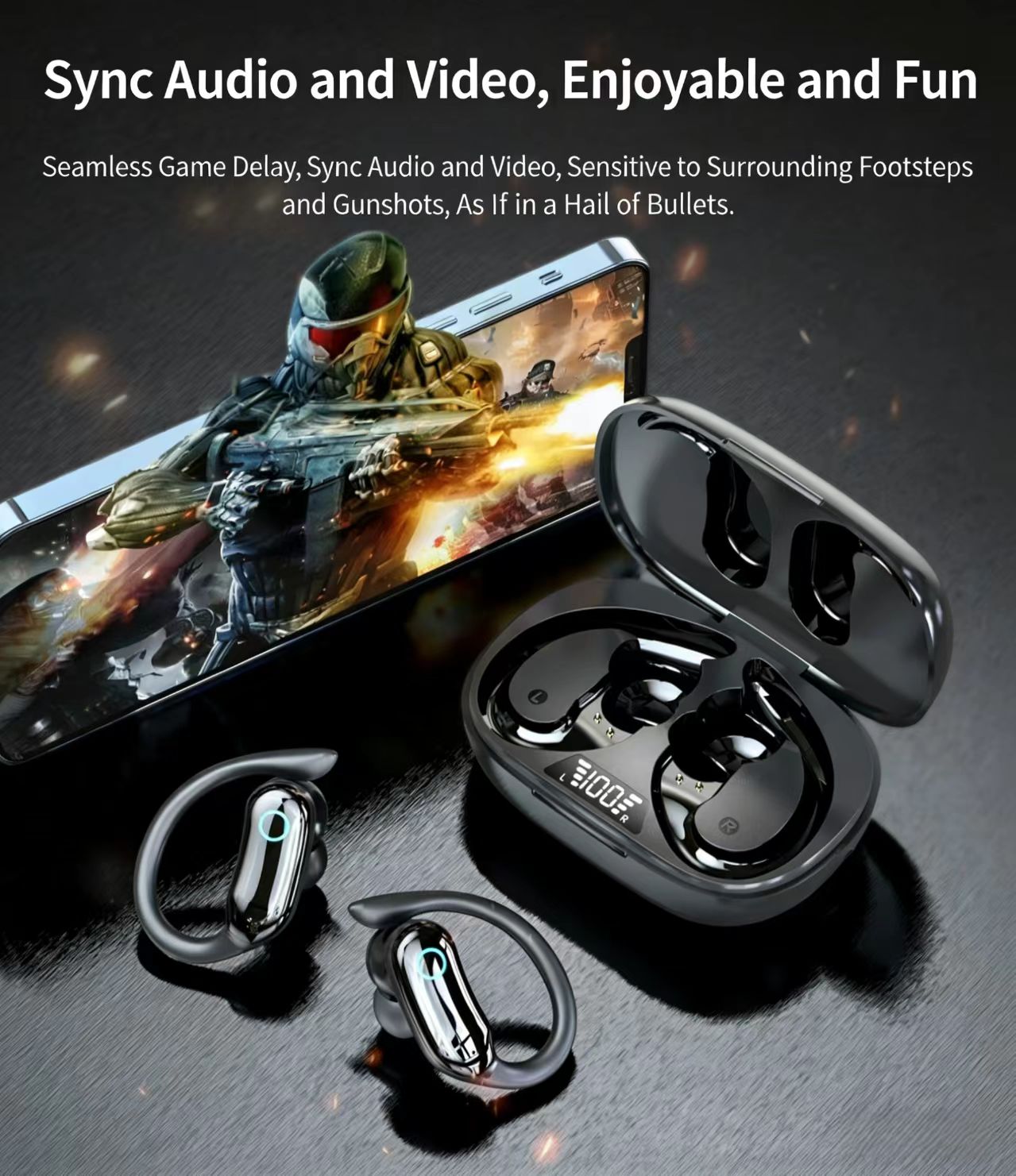 IPX7 Waterproof TWS Sports Bluetooth Earphones, High Fidelity Stereo, Ear-Hook Design