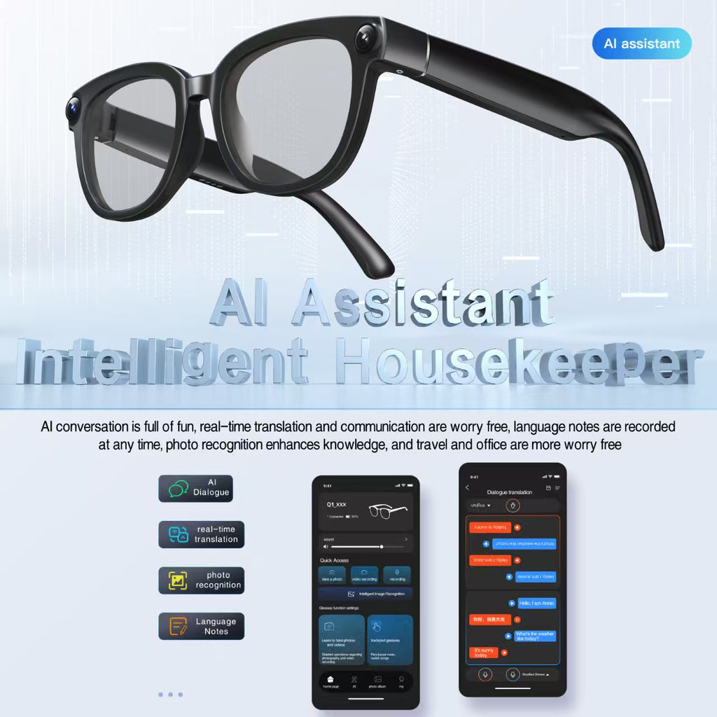 AI Translation Smart Glasses with 13MP Photochromic Lenses, Real-Time Translation, Image Stabilization for Photo/Video, Call Noise Cancellation & AI Assistant.