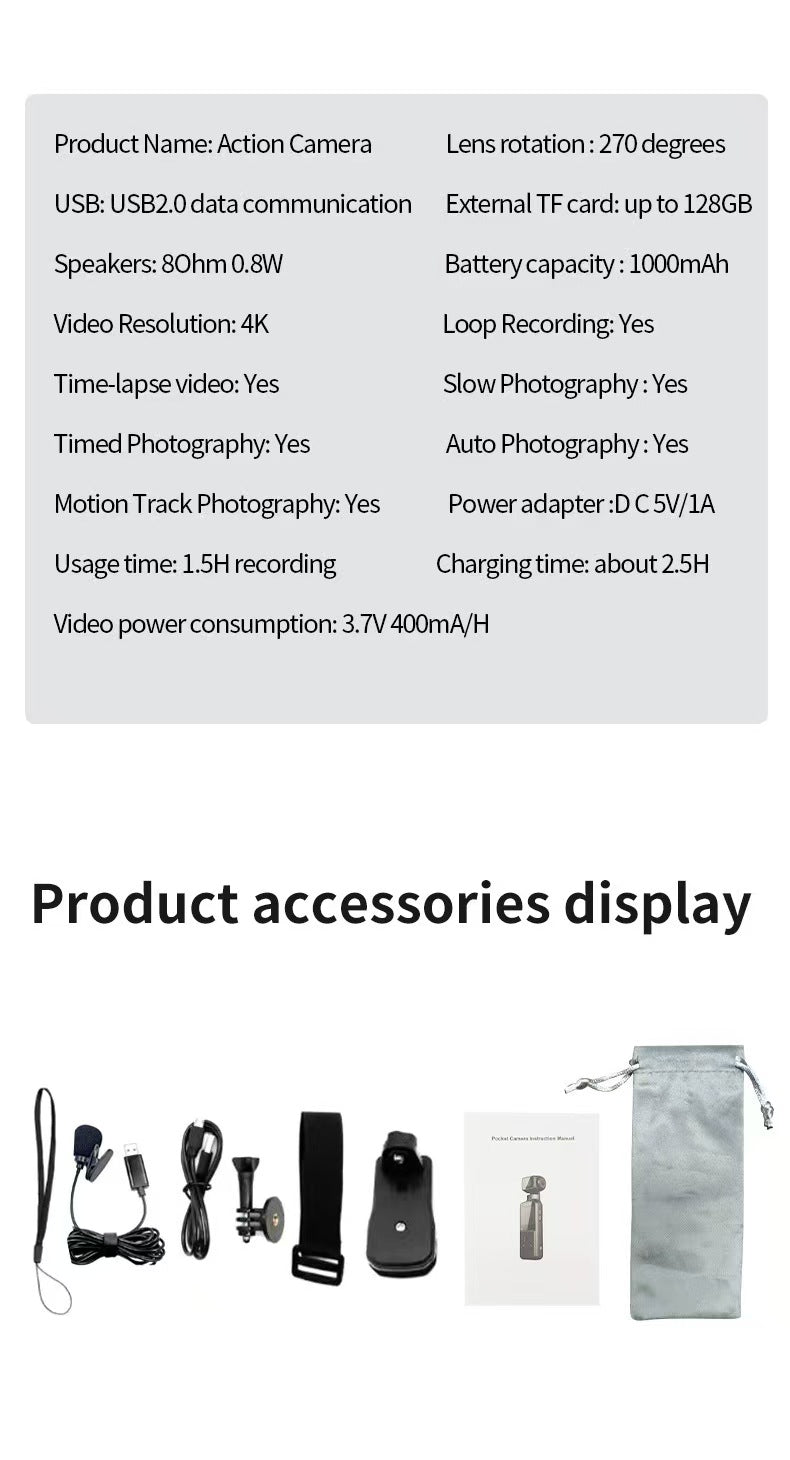 4K Ultra HD Anti-Shake Pocket Camera, Outdoor Waterproof Cycling DV with 270° Rotatable Screen for Vlogging & Action.