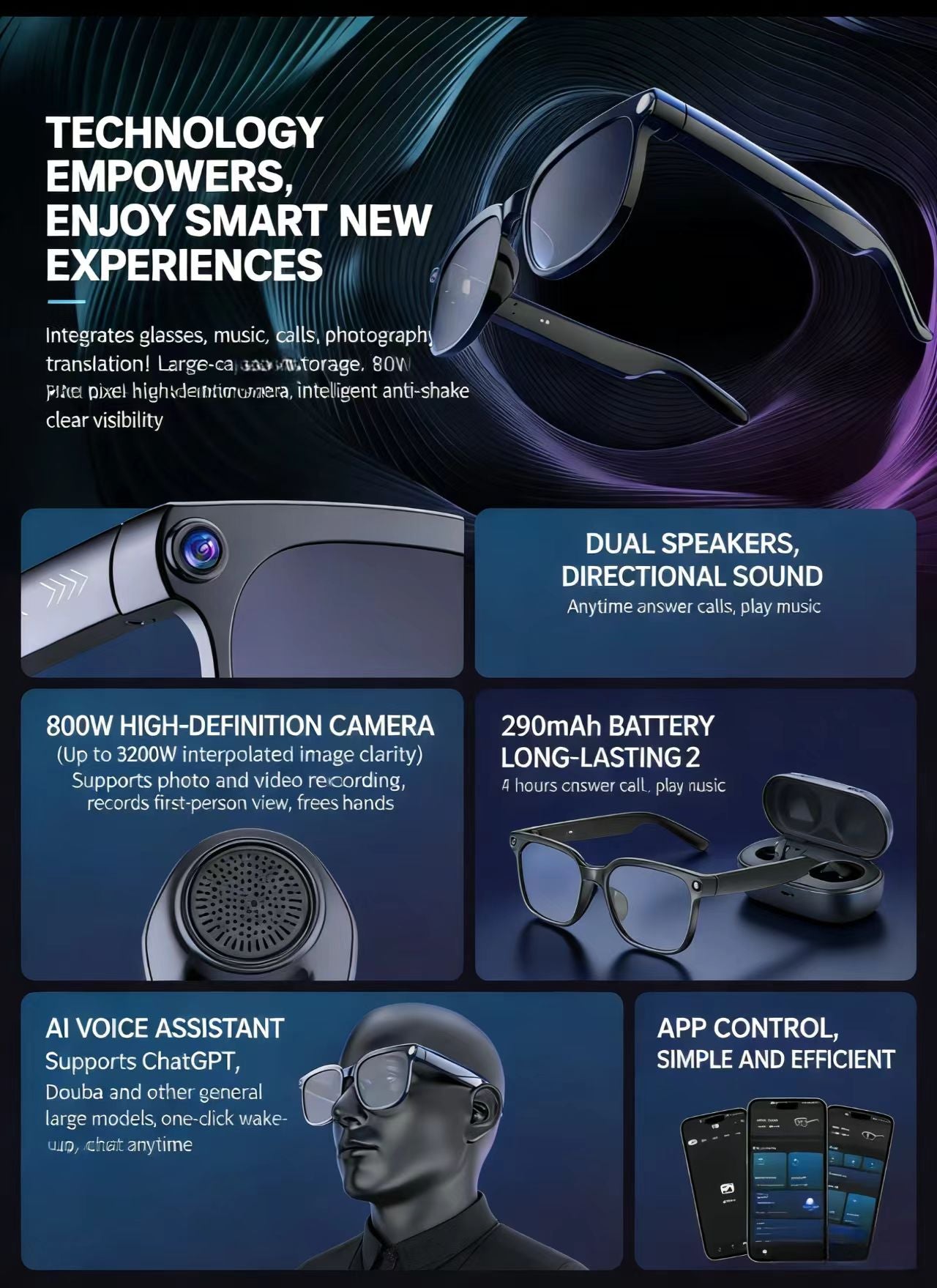 AI smart glasses with an 8MP anti-shake camera for photo/video, object recognition, and real-time translation.