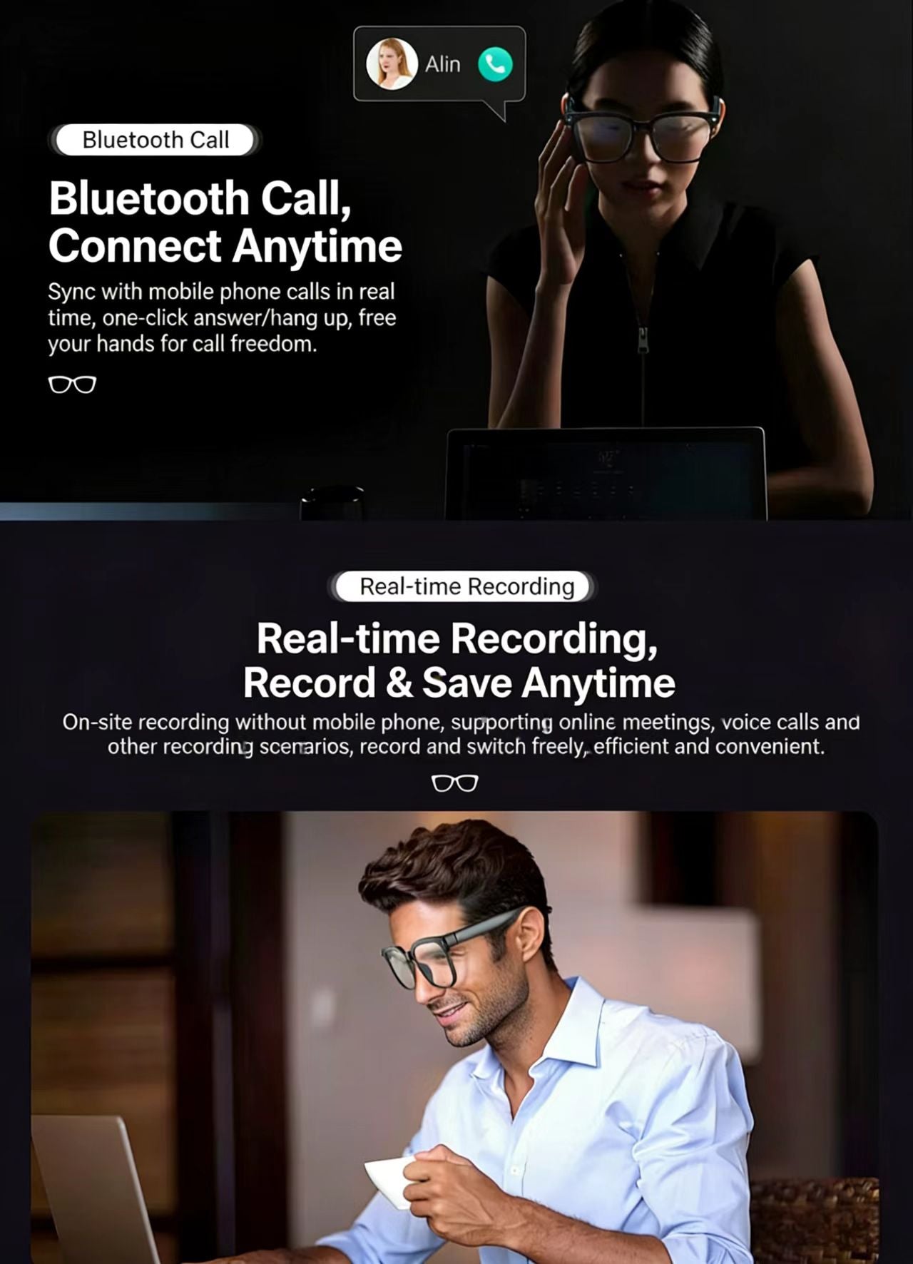 AI smart glasses with an 8MP anti-shake camera for photo/video, object recognition, and real-time translation.