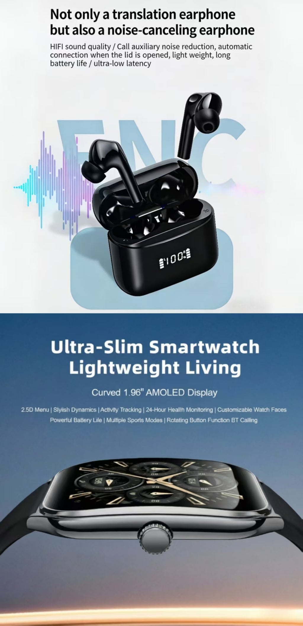 AI Smart Translation Bluetooth Earbuds & MT61 Smart Watch