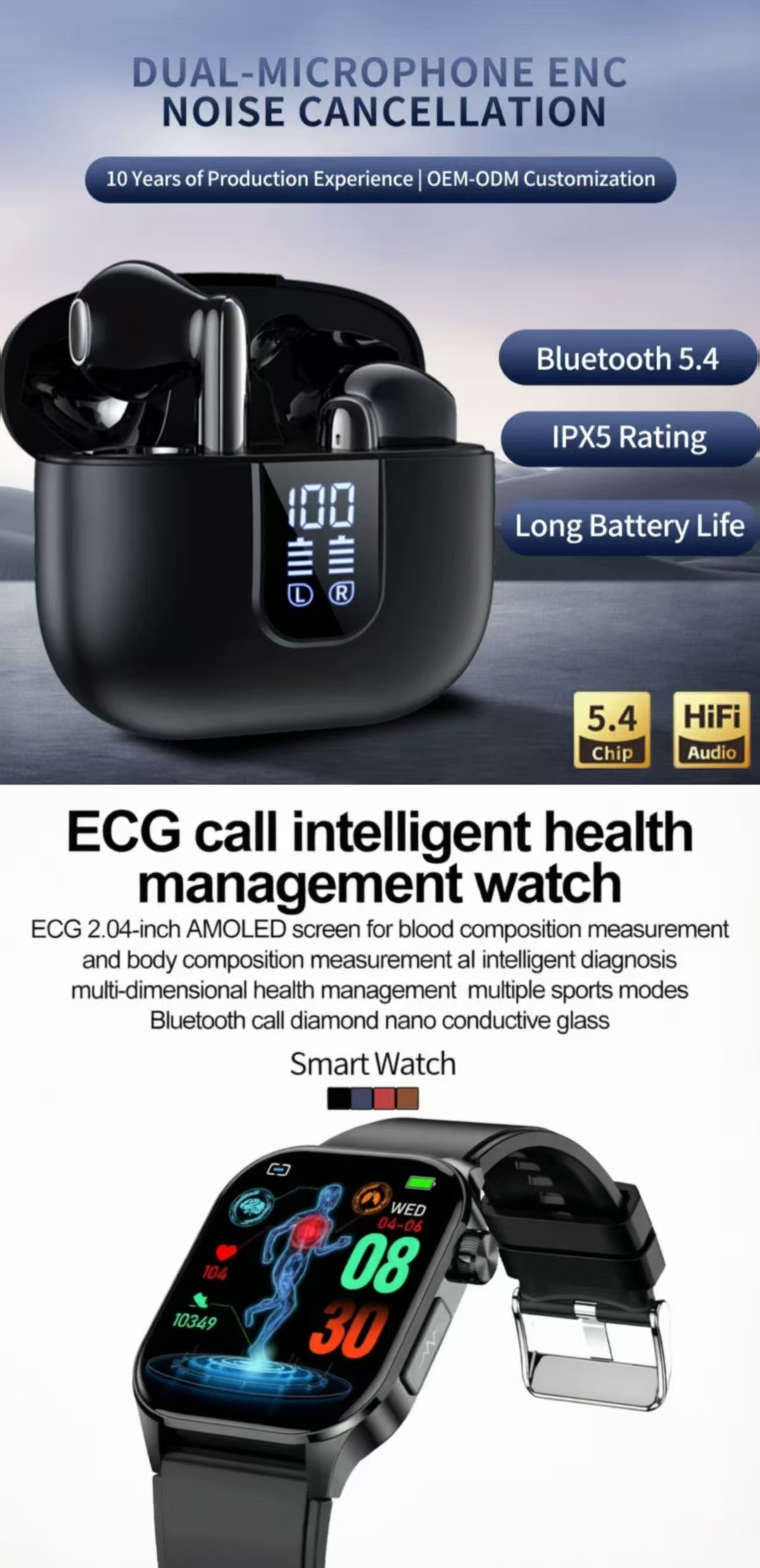 LED Digital Display Dual-Mic ENC TWS Bluetooth Earbuds & ET580 Smart Watch