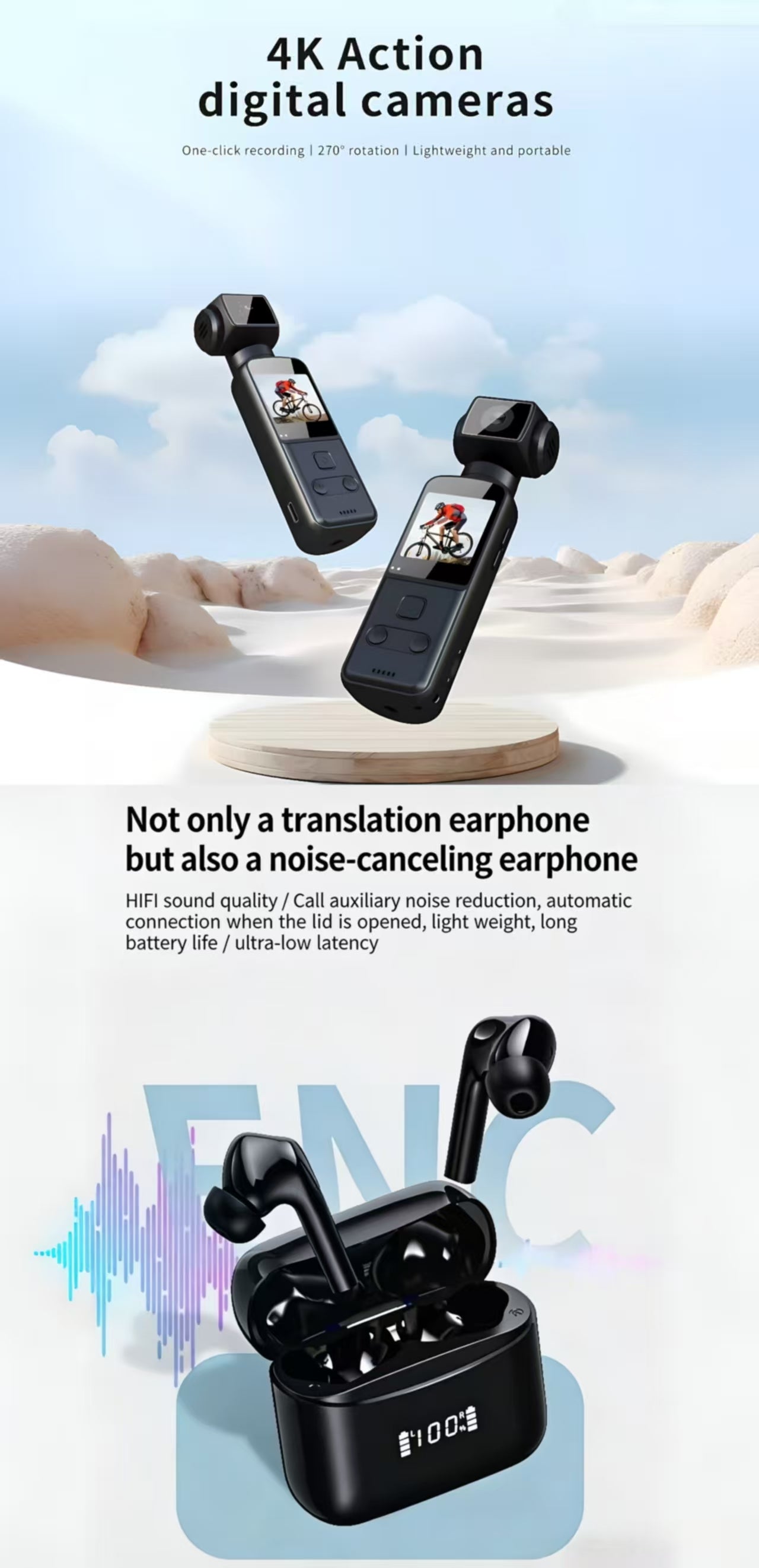 AI Smart Translation Bluetooth Earbuds& 4K Ultra HD Anti-Shake Pocket Camera