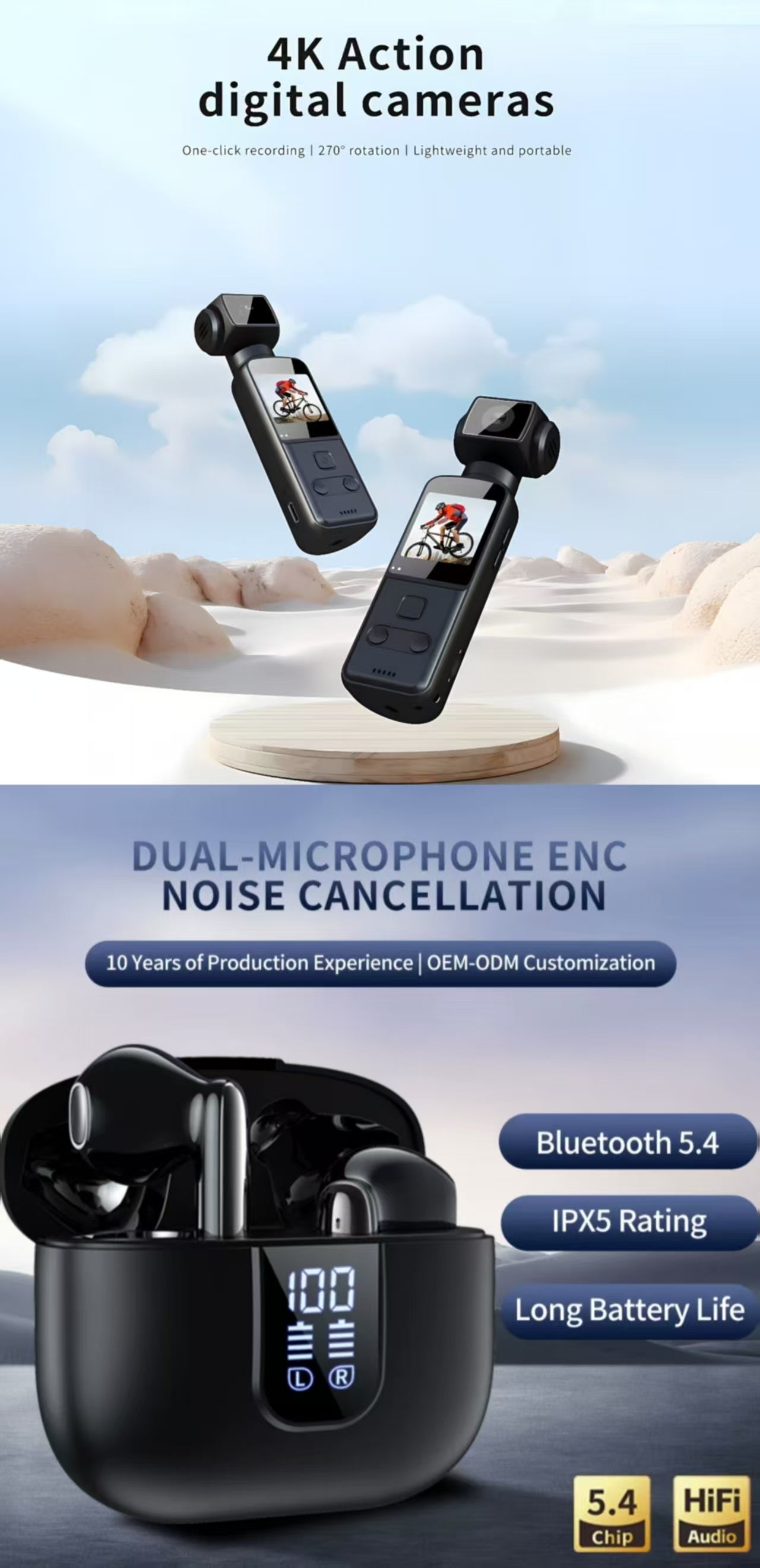 LED Digital Display Dual-Mic ENC TWS Bluetooth Earbuds& 4K Ultra HD Anti-Shake Pocket Camera