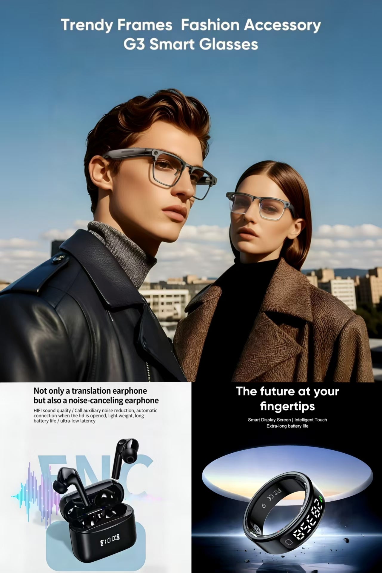 Future-Ready AI Gear: 🕶️ i-Rimless Business Smart Glasses, AI Smart Translation Bluetooth Earbuds& R11 Smart Ring