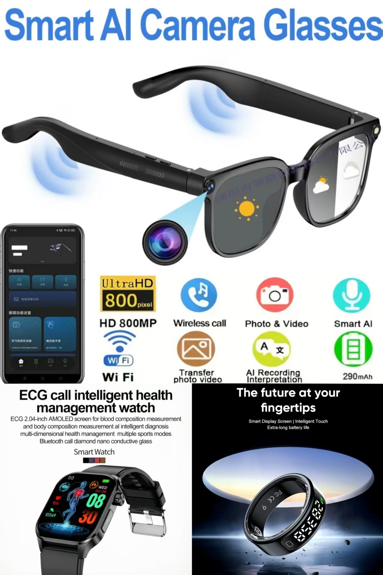 Future-Ready AI Gear: ET580 Smart Watch, 800W AI Smart Translation Glasses & R11 Smart Ring