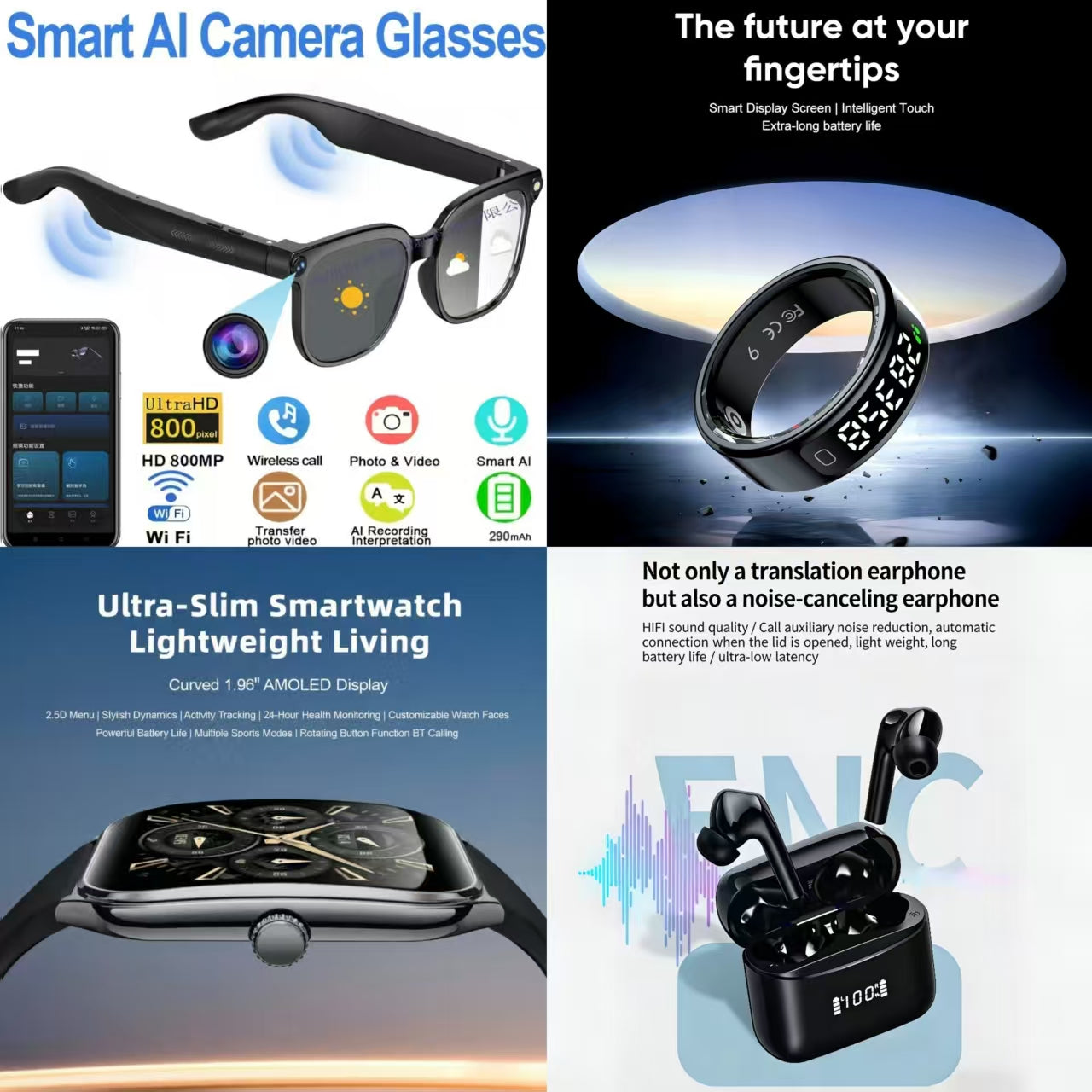 4-in-1 Ultimate Smart AI & Lifestyle Bundle: Smart AI Camera Glasses, Smart Ring, Ultra-Slim Smartwatch & ENC Translation Earbuds