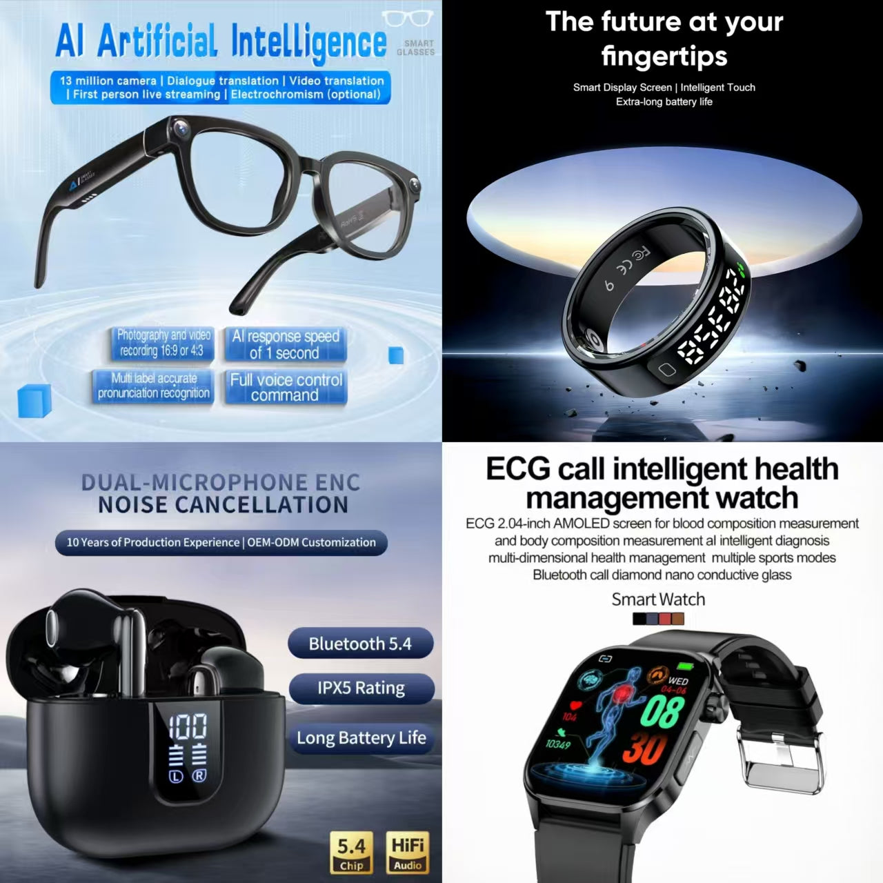 4-in-1 Ultimate Smart AI Health & Audio Bundle: AI Smart Glasses, Smart Ring, Dual-Microphone ENC Earbuds & ECG Health Watch