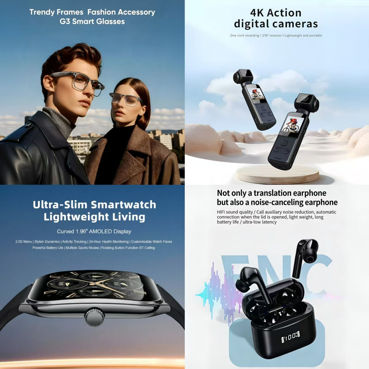 4-in-1 Smart Lifestyle Bundle | G3 Smart Glasses + 4K Action Camera + Ultra-Slim Smartwatch + ENC Noise Canceling Translation Earbuds