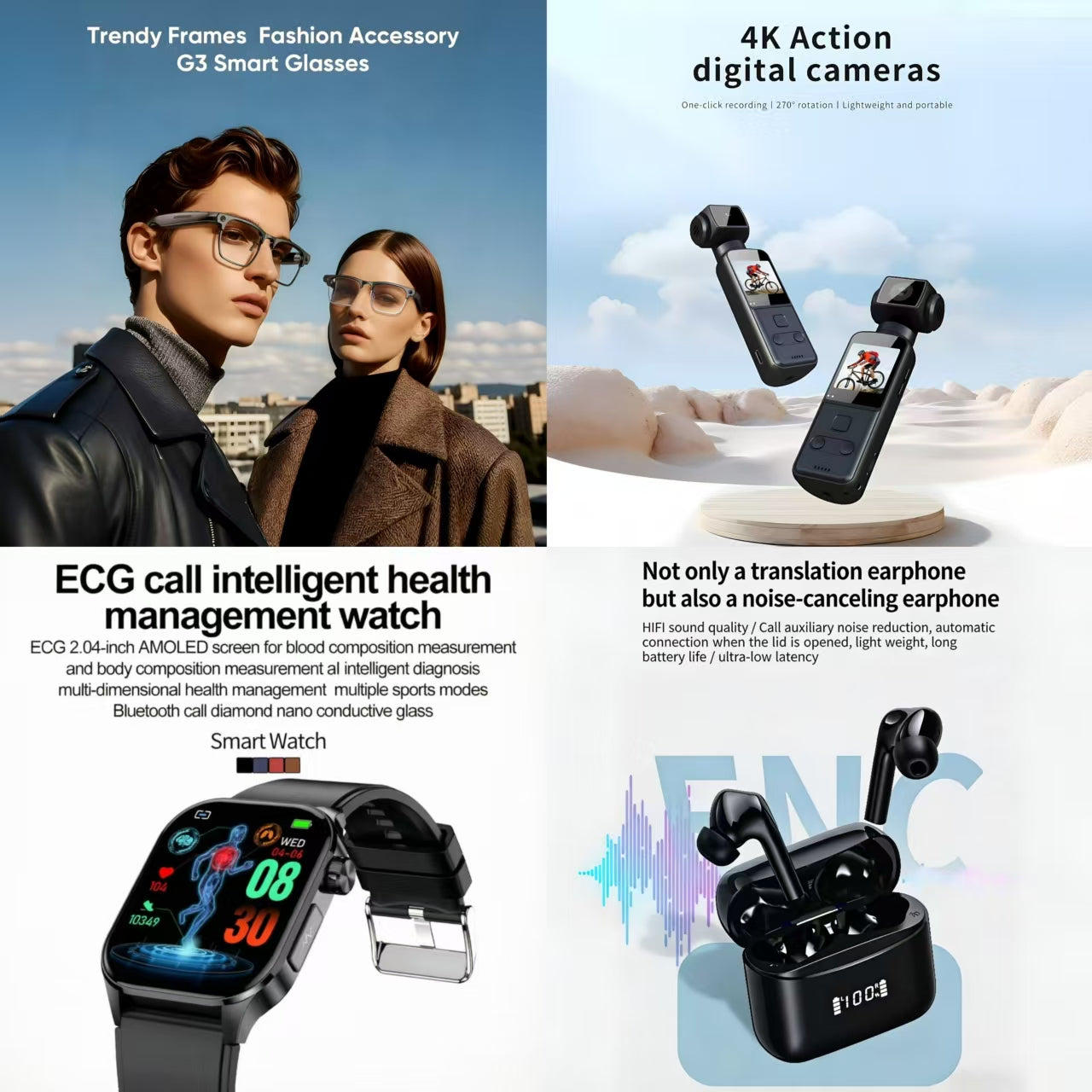 4-in-1 Smart Lifestyle Bundle | G3 Smart Glasses + 4K Action Camera + Ultra-Slim Smartwatch + ENC Noise Canceling Translation Earbuds