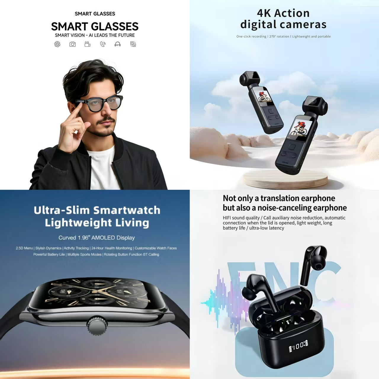 4-in-1 Smart Lifestyle Bundle | Smart Glasses + 4K Action Camera + Ultra-Slim Smartwatch + ENC Noise Canceling Translation Earbuds