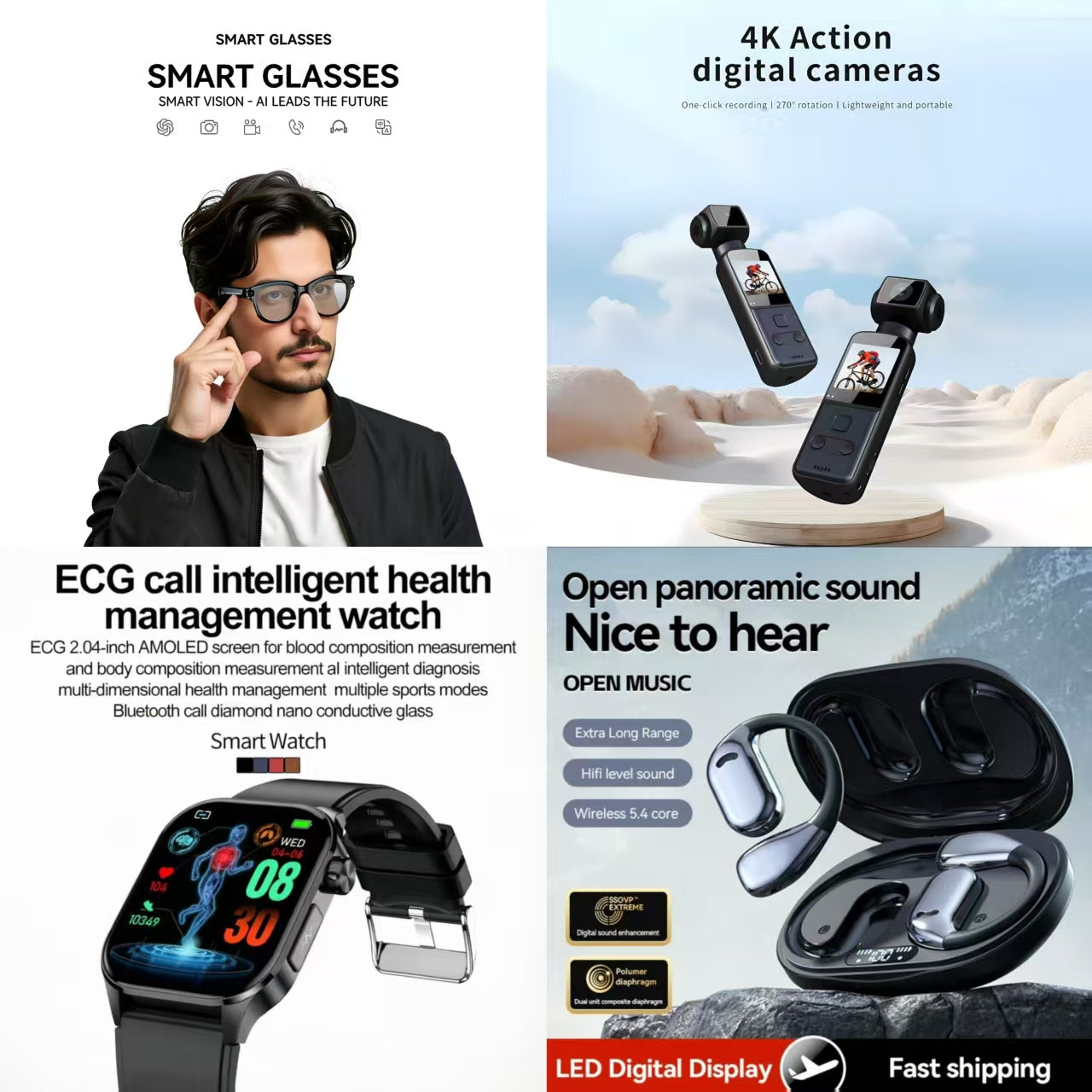 4-in-1 Smart Health & Lifestyle Bundle | Smart Glasses + 4K Action Camera + ECG Call Health Watch + Open-Ear Panoramic Sound Earbuds