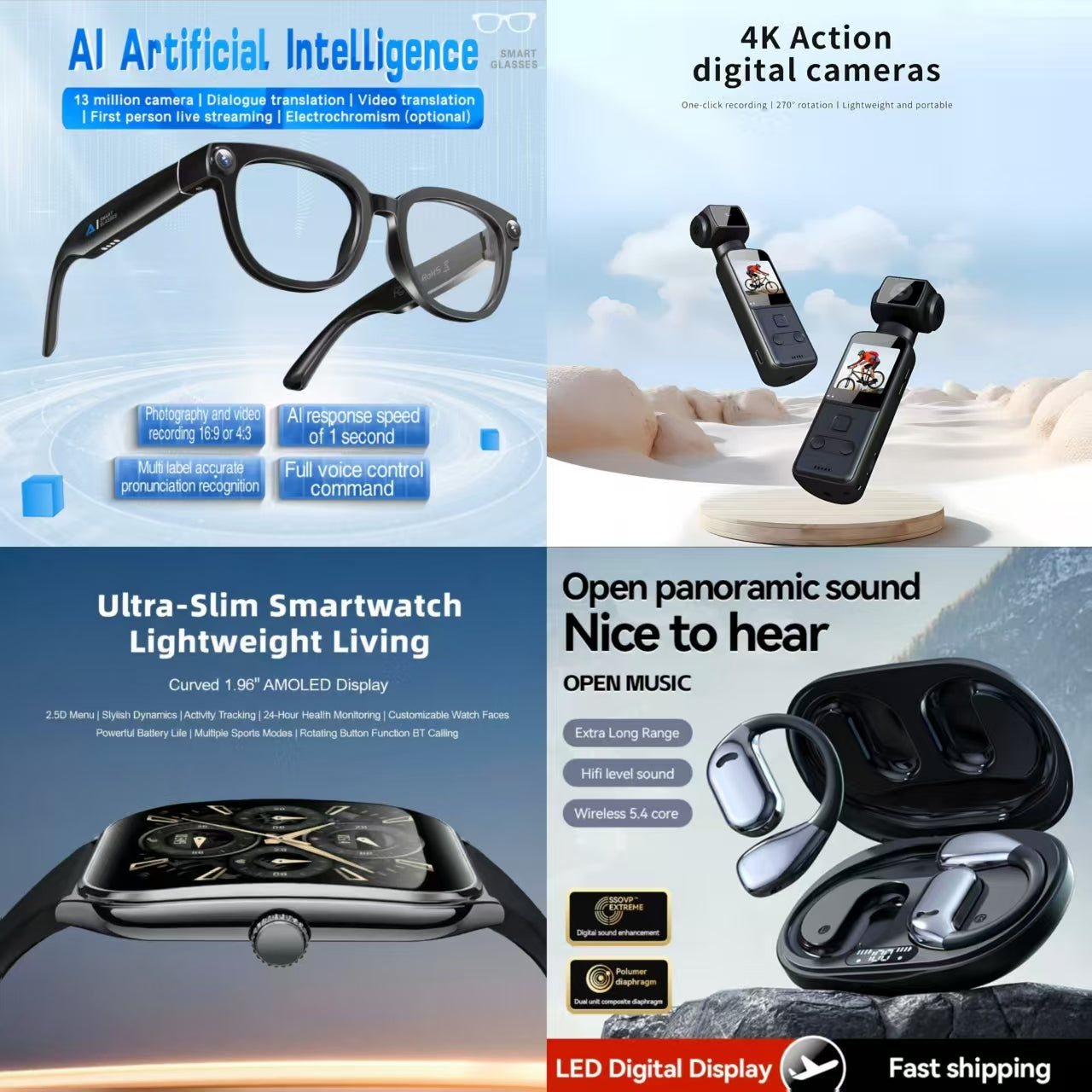 4-in-1 AI Smart Lifestyle Bundle: AI Smart Glasses + 4K Action Camera + Ultra-Slim Smartwatch + Open-Ear Panoramic Earbuds