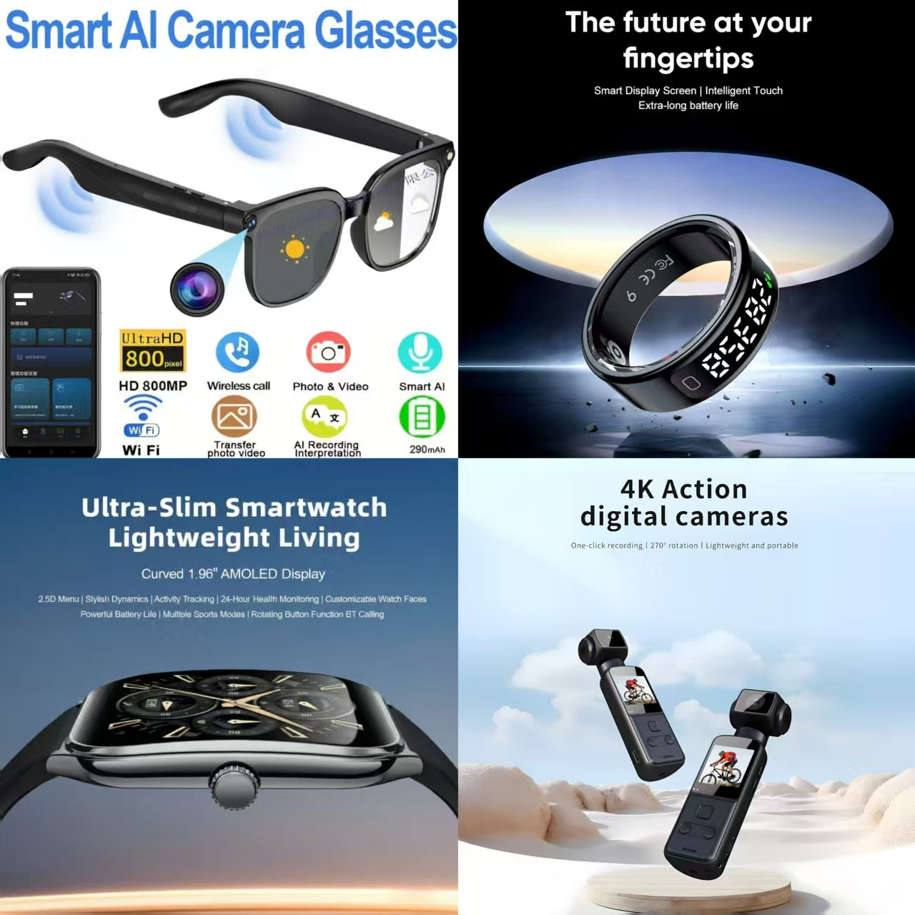 4-in-1 Smart Future Tech & Lifestyle Bundle: Smart AI Camera Glasses + Ultra-Slim Smartwatch + 4K Action Camera + Smart Ring (Future at Your Fingertips)