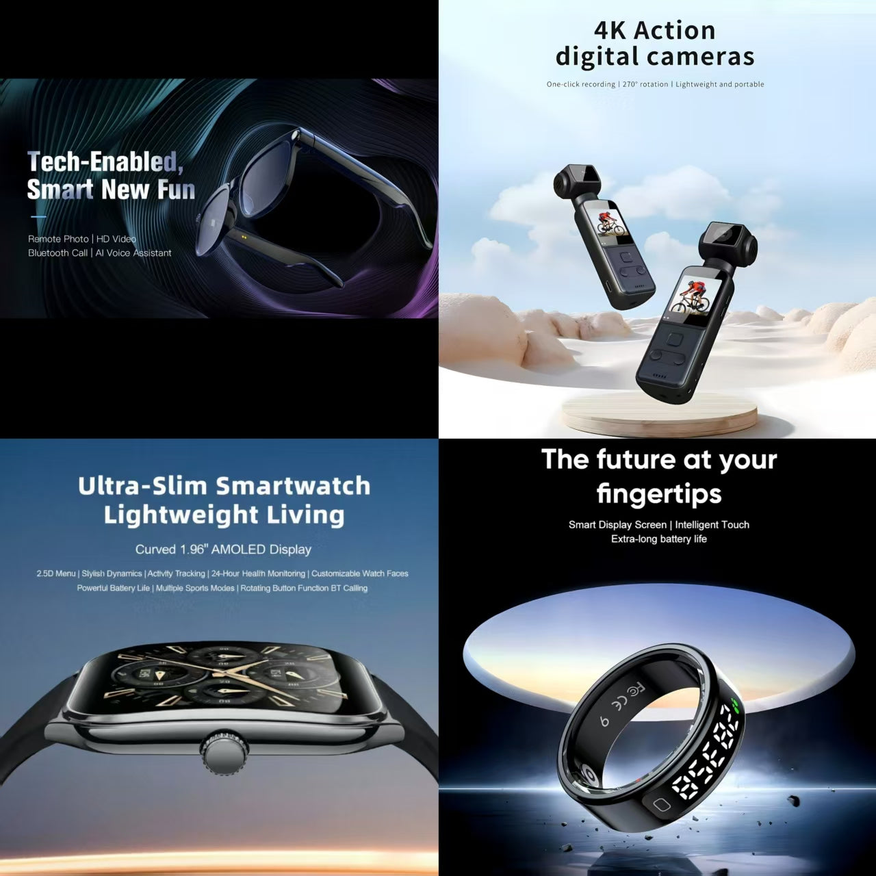 4-in-1 Smart Future Tech Bundle: Tech-Enabled Smart Glasses + 4K Action Camera + Ultra-Slim Smartwatch + Smart Ring (Future at Your Fingertips)